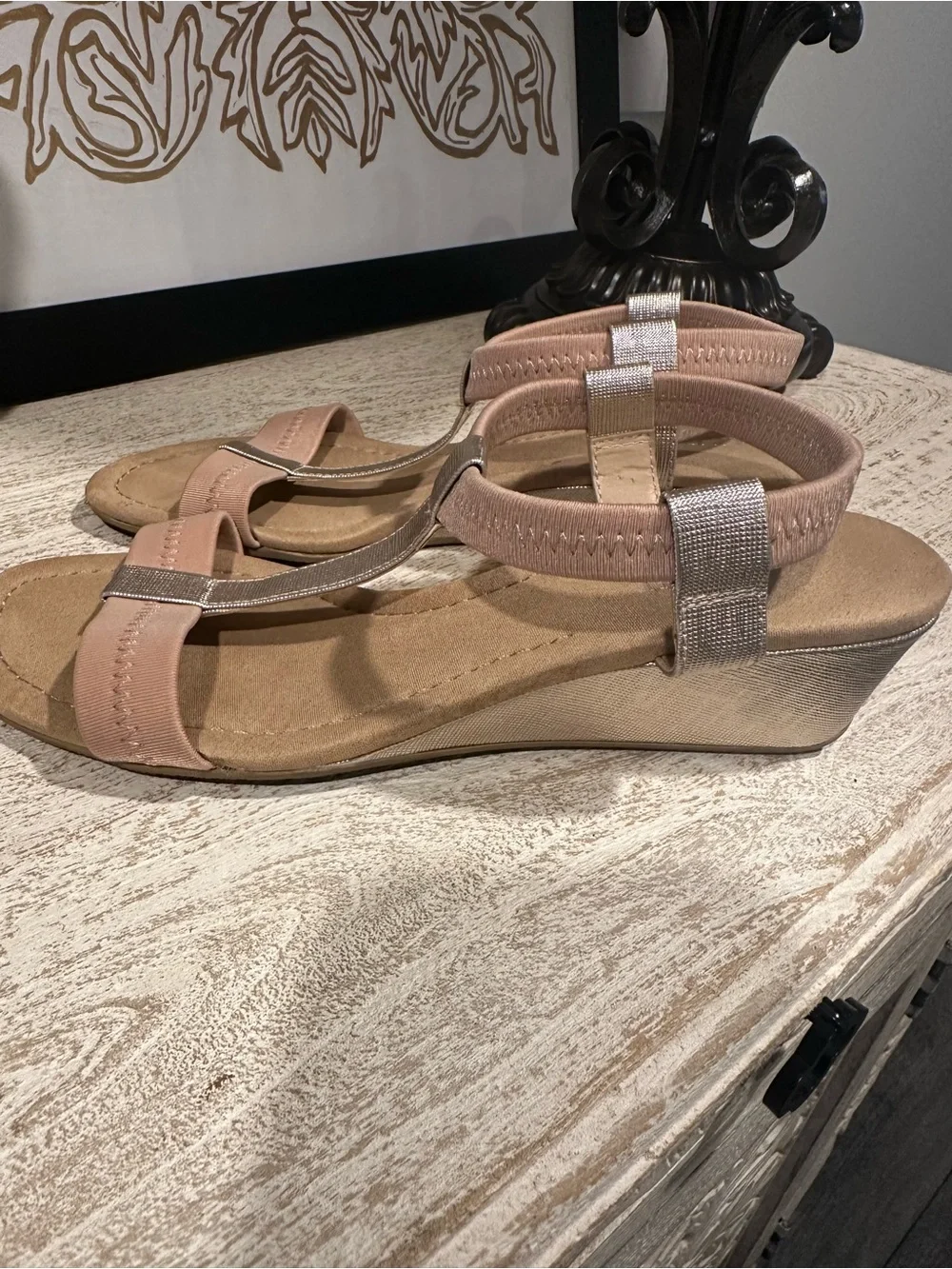 Alfani Step Flex Comfort Wedge Sandals Blush Taupe Stretch Size 7.5M
